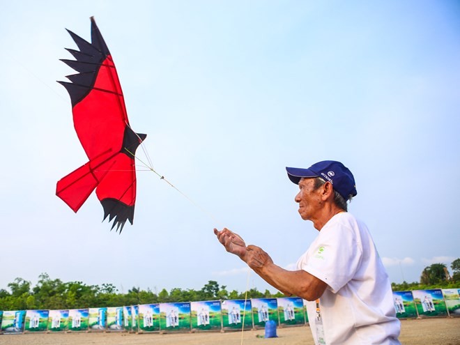 Ông Nguyễn Hữu Hiệp đến từ hội diều Bình Tân mang đến festival 25 loại diều khác nhau, trong đó có diều chim với 8 con chim cùng vỗ cánh trên không hết sức độc đáo. (Ảnh: PV/Vietnam+)