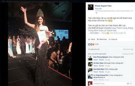 Trên facebook, người mẫu Huỳnh Tiên đăng ảnh đội vương miện và cho biết cô đã đăng quang ngôi vị cao nhất cuộc thi Miss Asia 2016 tại Australia