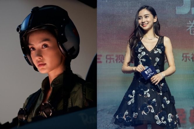 Angelababy trong phim Ngày độc lập: Tái chiến (trái) và xuất hiện trong buổi ra mắt phim tại Bắc Kinh - Ảnh: Apple