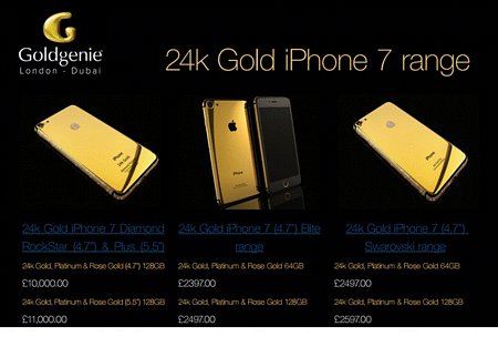 Goldgenie cung cấp 12 mẫu iPhone 7 khác nhau, tất cả đều được mạ vàng 24K cho khách hàng lựa chọn, chia thành 2 loại là 