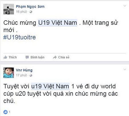 Các CĐV Việt Nam chúc mừng chiến công của HLV Hoàng Anh Tuấn và các học trò trên facebook