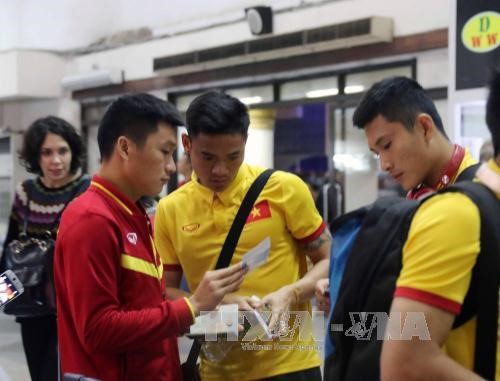 Các cầu thủ Đội tuyển Việt Nam tại Nay Pyi Taw. Ảnh: TTXVN/phát