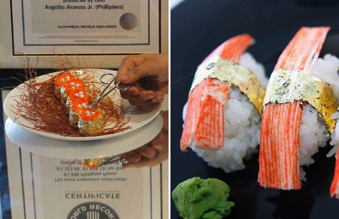 Món sushi đắt nhất thế giới được trang trí ngọc trai, kim cương Châu phi và được bọc ngoài bởi 24 carat vàng trước khi được đem bán với giá gần 2 triệu USD.
