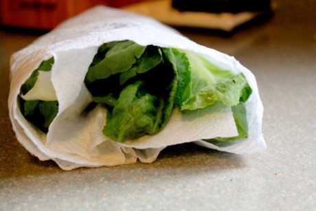 Xà lách sẽ vẫn còn tươi lâu nếu được bọc trong khăn giấy. Độ ẩm dư thừa sẽ thấm vào khăn giúp lá không bị khô héo.