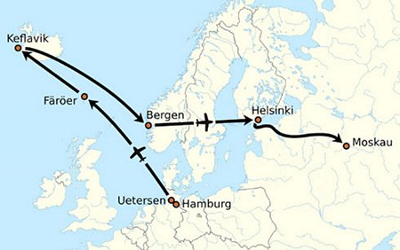 Hành trình bay của Rust từ Tây Đức tới Moscow. Ảnh: rarehistoticalphotos.