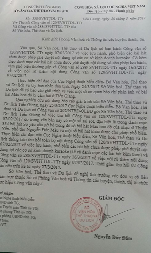 Công văn 338 của Giám đốc Sở VH-TT&DL tiền Giang thu hồi 2 công văn trước đó gây xôn xao dư luận.