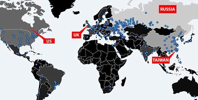 Bản đồ lây lan WannaCry trên phạm vi toàn cầu. Các dấu chấm xanh là nơi bị nhiễm virus.