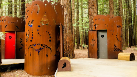 Nhà vệ sinh gỗ đỏ, Rotorua, New Zealand: Mỗi nhà vệ sinh được bọc trong khoang chắn, bên ngoài là hình những chú chim bản địa đã tuyệt chủng hoặc đang bị đe dọa ở đảo Bắc New Zealand.