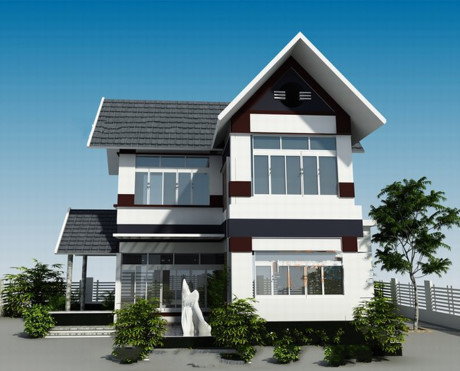 Một ngôi nhà 2 tầng với thiết kế mái thái mang lại vẻ điệu đà cho ngôi nhà. Ảnh: Ytuongnhadep.
