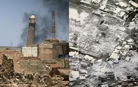 Thánh đường Hồi giáo Grand al-Nuri ở thành phố Mosul, Iraq và tòa tháp biểu tượng nổi tiếng của thánh đường này trước và sau khi bị phá hủy hoàn toàn ngày 21-6-2017. (Ảnh: Reuters)