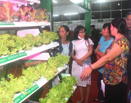 Việt Nam đã áp dụng nhiều mô hình nông nghiệp thông minh khác nhau trong chăn nuôi, trồng trọt. (Ảnh: Mô hình trồng rau thủy canh trưng bày tại một hội chợ nông sản)