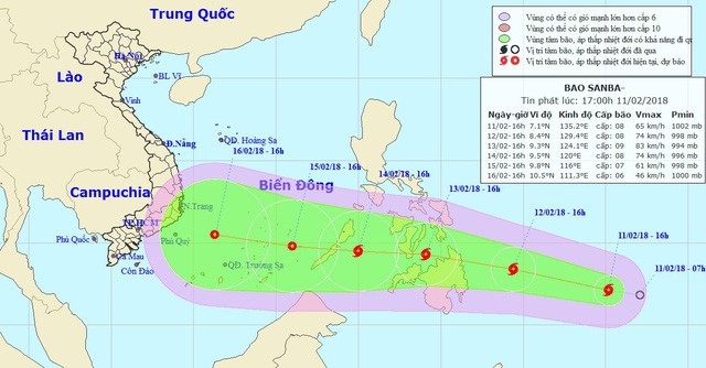 Sơ đồ dự báo hướng đi của bão Sanba - Ảnh: Trung tâm Dự báo khí tượng thủy văn TƯ