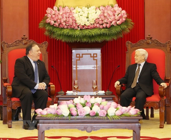 Tổng Bí thư Nguyễn Phú Trọng tiếp Ngoại trưởng Hoa Kỳ Mike Pompeo thăm chính thức Việt Nam. (Ảnh: Trí Dũng/TTXVN)