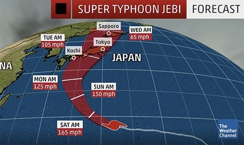 Dự báo về siêu bão Jebi đổ bộ vào Nhật Bản. Ảnh:  ACCUWEATHER