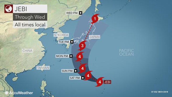 Sơ đồ hướng di chuyển của bão Jebi khi đổ bộ miền tây Nhật Bản. Đồ họa: Accu Weather.