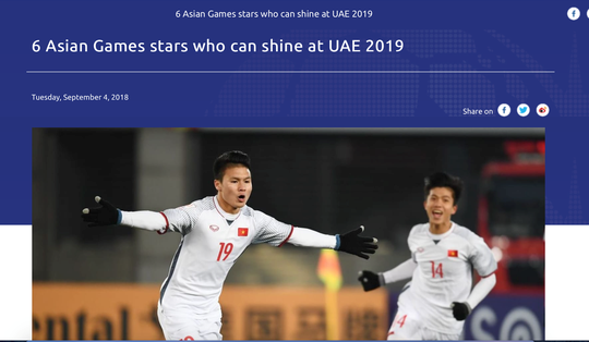 Bài viết của AFC đề cập nhiều đến Quang Hải, một trong những tài năng trẻ được kì vọng sẽ tỏa sáng ở Asian Cup 2019