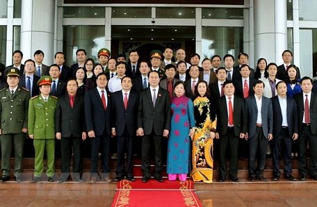 Chủ tịch nước Trần Đại Quang với cán bộ chủ chốt tỉnh Ninh Bình, ngày 3/4/2016. (Ảnh: Nhan Sáng/TTXVN)