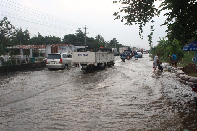 Một đoạn qua xã Tân Phú- Tam Bình ngập sâu, xe lớn, xe nhỏ tuy giảm tốc nhưng vẫn tạo thành những gợn sóng mạnh khiến người đi bộ hoặc dắt xe máy chao đảo.