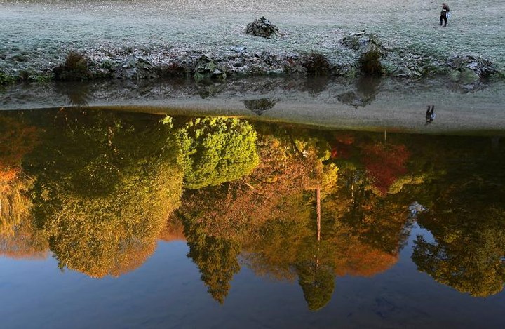  Khu vườn Stourhead phản chiếu trên mặt nước, với sắc vàng-đỏ-xanh đặc trưng của mùa thu ôn đới tại Wiltshire nước Anh hôm 2/11.