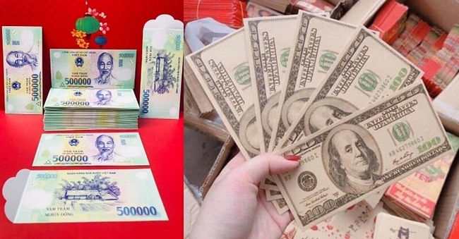 Cùng với đó, thị trường bao lì xì Tết năm nay còn có loại in hình tiền Việt mệnh giá 500.000 đồng, 200.000 đồng, 100.000 đồng,... hay hình các tờ tiền nước ngoài như 1, 2, 100 USD, 500 Euro… (Ảnh: FB)