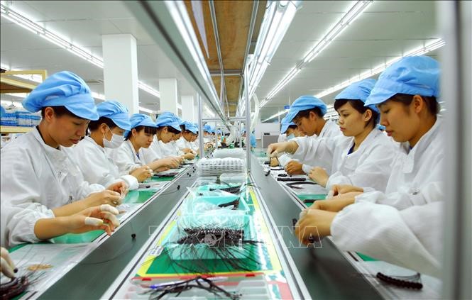 Dây chuyền sản xuất thiết bị điện tử tại Công ty TNHH Bluecom Vina, 100% vốn đầu tư của Hàn Quốc, tại khu công nghiệp Tràng Duệ (Hải Phòng). Ảnh: Danh Lam/TTXVN