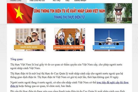 Trang thị thực điện tử, cổng thông tin điện tử về xuất nhập cảnh Việt Nam. Ảnh chụp màn hình.