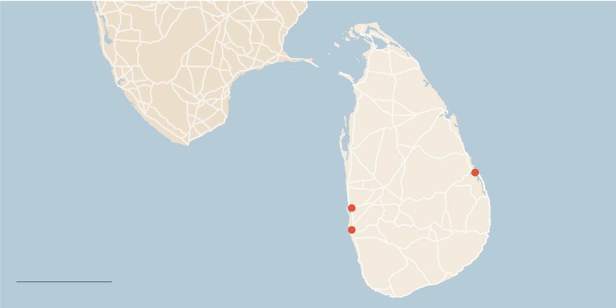 Bản đồ các địa điểm bị đánh bom ở Sri Lanka ngày 21/4. Khu vực thủ đô Colombo có ít nhất 52 người chết, trong khi ở Negombo ít nhất 62 người thiệt mạng, còn Batticaloa ghi nhật ít nhất 27 trường hợp tử vong vì loạt tấn công trên - Ảnh: OpenStreetMap/New York Times