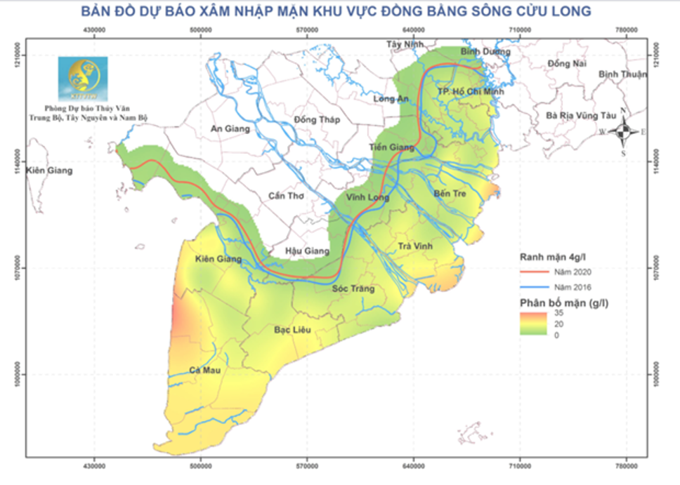 Bản đồ dự báo xâm nhập mặn khu vực Đồng bằng sông Cửu Long.