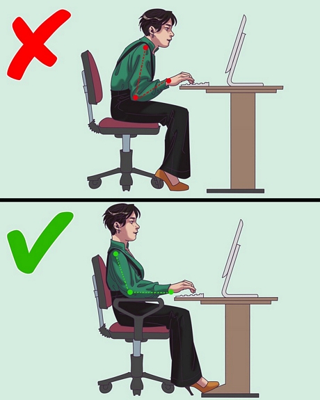 Dùng ghế không có tay vịn: Khuỷu tay nên đặt ở góc 75-90 độ so với cơ thể để tránh bị đau lưng. Ghế tay vịn sẽ giúp điều chỉnh tư thế tốt hơn.