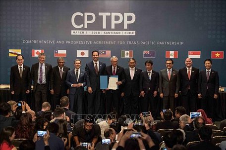Hiệp định Ðối tác Toàn diện và Tiến bộ Xuyên Thái Bình Dương (CPTPP) đã được 11 nước tham gia chính thức ký kết vào đầu tháng 3/2018, trong đó, Việt Nam được đánh giá là thành viên tích cực tham gia đàm phán và ký kết. Ảnh: THX/TTXVN phát