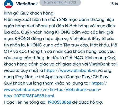 Khuyến cáo của VietinBank đối với khách hàng trước tình trạng nhắn tin giả mạo ngân hàng để lừa đảo