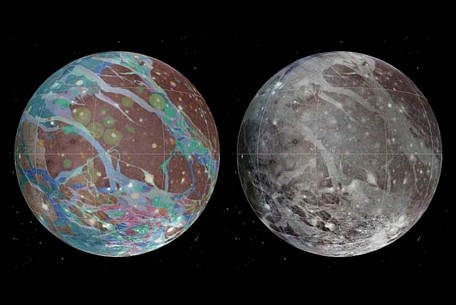  Bản đồ mặt trăng Ganymede của sao Mộc từ dữ liệu của tàu vũ trụ Voyager và Galileo. Ảnh: NASA