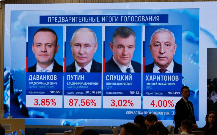Kết quả sơ bộ của cuộc bầu cử tổng thống Nga được cập nhật trên màn hình tại trụ sở Ủy ban Bầu cử trung ương Nga ở Matxcơva, Nga ngày 17/3 - Ảnh: REUTERS