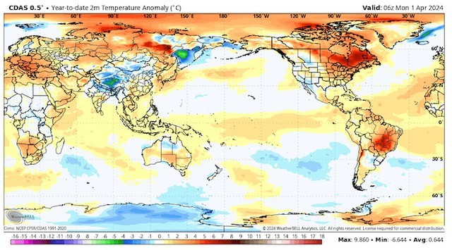 Nhiệt độ hầu khắp toàn cầu đang trên mức trung bình trong năm nay. Ảnh: Weatherbell.com