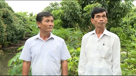 Ông Dương Cánh Dân- Tổ trưởng Tổ hợp tác Kinh tế vườn Hòa Lợi (phải) phấn khởi khi trái nhãn Edor của tổ hợp tác được sản xuất theo tiêu chuẩn an toàn và có được uy tín trên thị trường quốc tế.